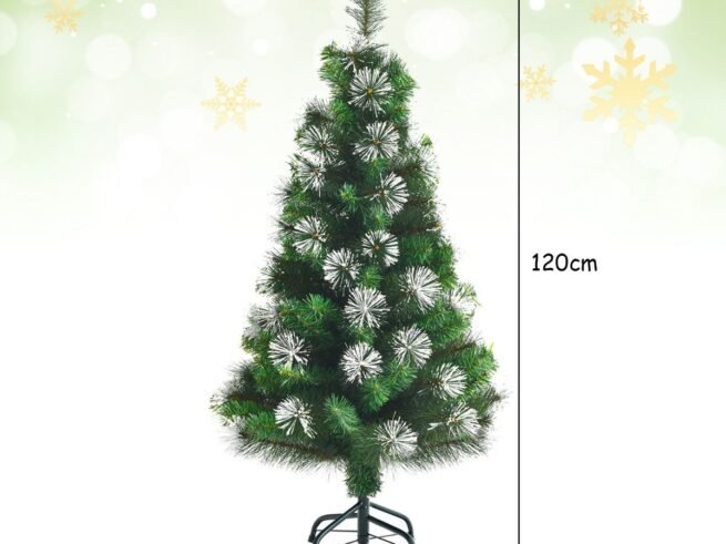 Hinged Artificial Christmas Tree 120cm Iridescent Pine Needles Metal Stand