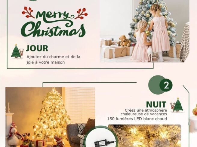 Artificial Christmas Tree 137cm Snow Flocked 150 LED Lights Metal Stand