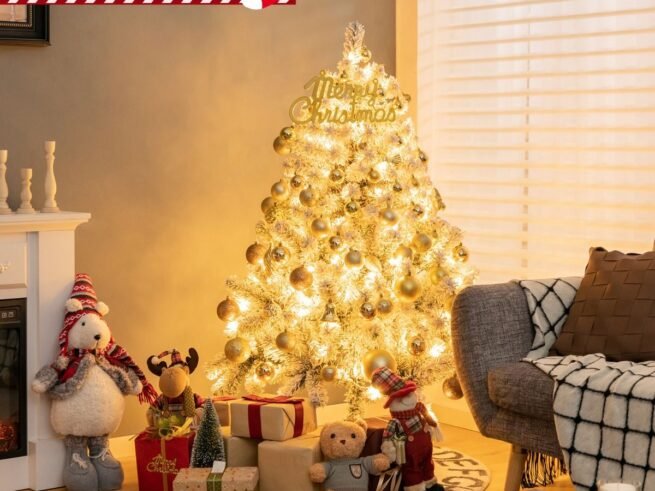 Artificial Christmas Tree 137cm Snow Flocked 150 LED Lights Metal Stand