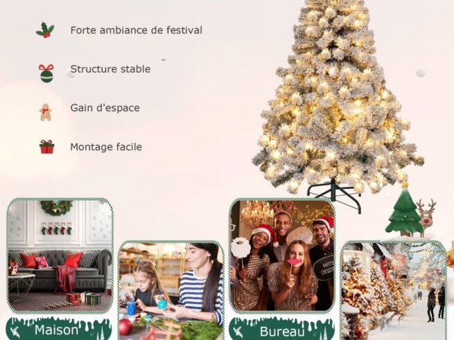 Artificial Christmas Tree 137cm Snow Flocked 150 LED Lights Metal Stand