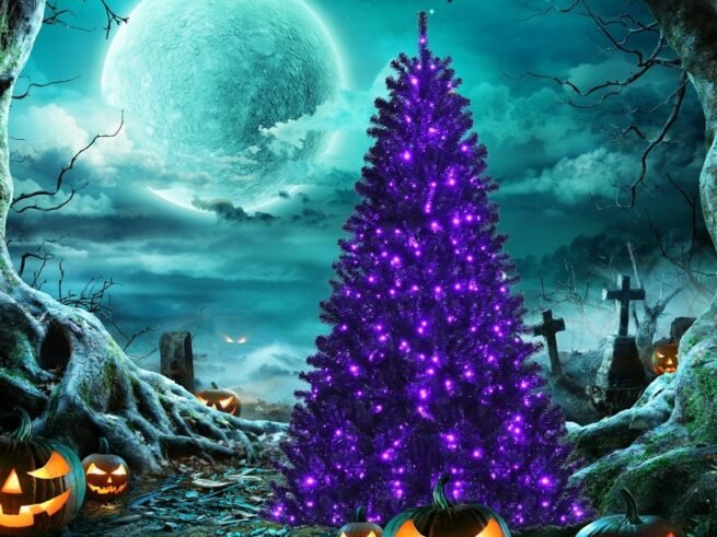 Artificial Halloween Christmas Tree 180cm 250 Purple LED Lights Metal Stand