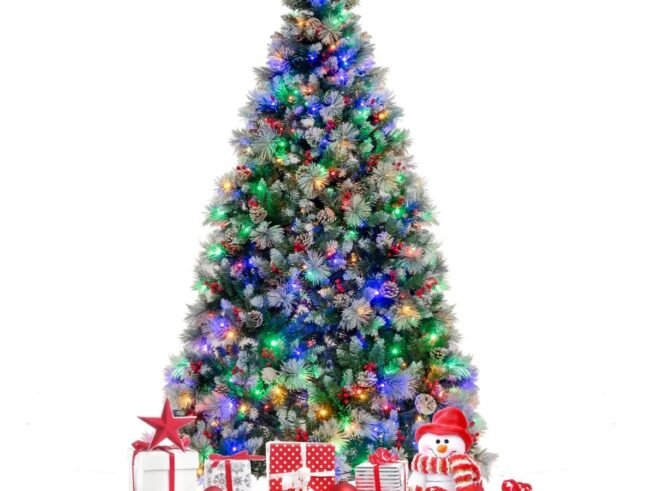 Illuminated Hinged Artificial Christmas Tree 215cm LED Lights 11 Lighting Modes