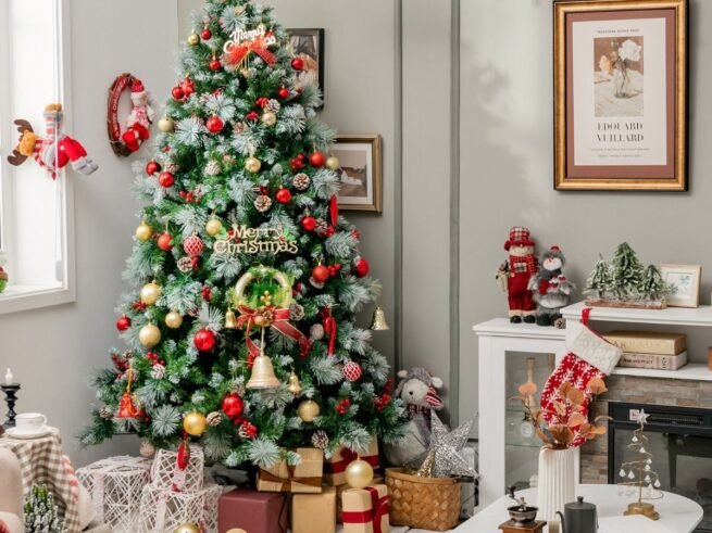 Illuminated Hinged Artificial Christmas Tree 215cm LED Lights 11 Lighting Modes