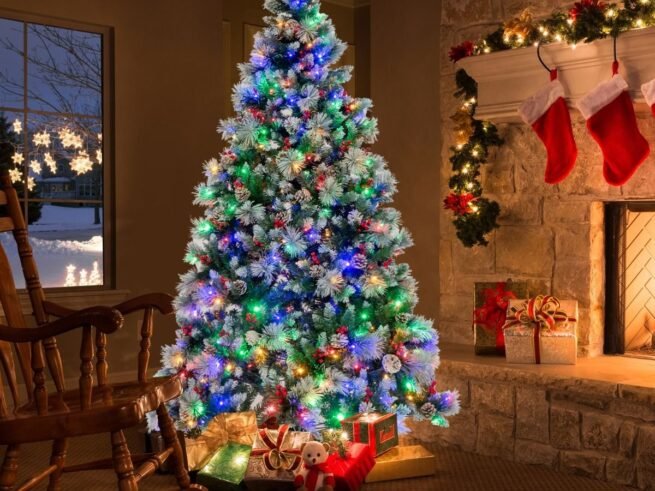 Illuminated Hinged Artificial Christmas Tree 215cm LED Lights 11 Lighting Modes