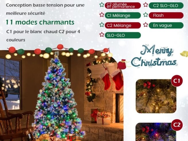 Illuminated Hinged Artificial Christmas Tree 215cm LED Lights 11 Lighting Modes