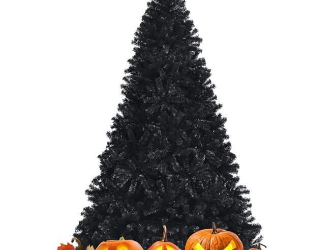 Black Artificial Christmas Tree 225 cm Hinged Metal Stand Halloween Decoration