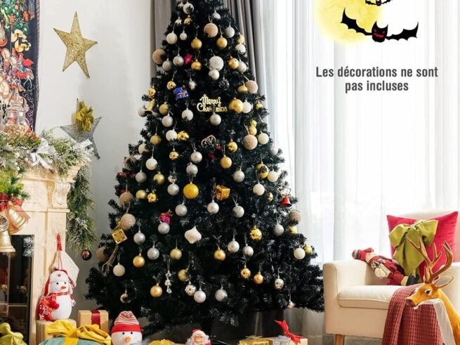 Black Artificial Christmas Tree 225 cm Hinged Metal Stand Halloween Decoration