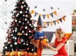 Black Artificial Christmas Tree 225 cm Hinged Metal Stand Halloween Decoration