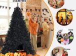 Black Artificial Christmas Tree 225 cm Hinged Metal Stand Halloween Decoration