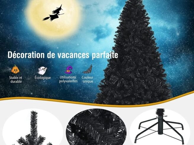 Black Artificial Christmas Tree 225 cm Hinged Metal Stand Halloween Decoration