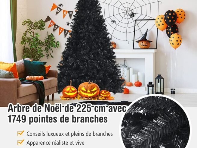 Black Artificial Christmas Tree 225 cm Hinged Metal Stand Halloween Decoration