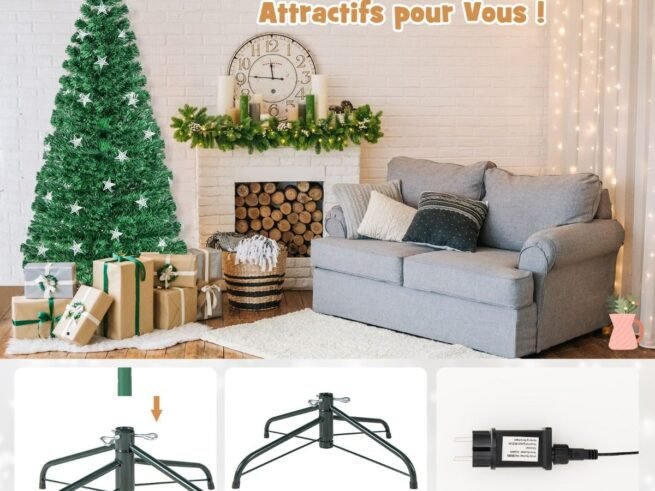 Illuminated Artificial Christmas Tree 180cm White Stars Fiber Optic and 8 Lighting Modes