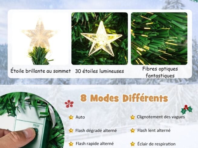 Illuminated Artificial Christmas Tree 180cm White Stars Fiber Optic and 8 Lighting Modes