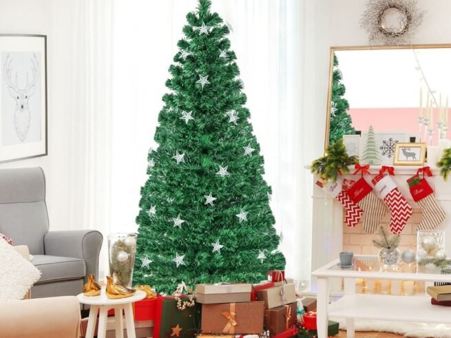 Illuminated Artificial Christmas Tree 180cm White Stars Fiber Optic and 8 Lighting Modes