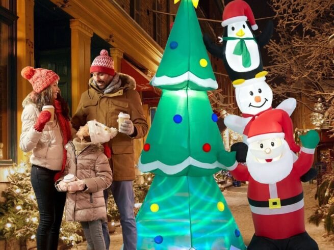 Inflatable Christmas Tree Santa Claus Snowman and Penguin 266cm Light