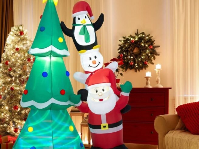Inflatable Christmas Tree Santa Claus Snowman and Penguin 266cm Light