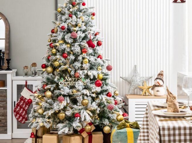 Artificial Christmas Tree with Pine Needles Flocked 186cm LED Lights