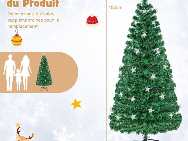 Illuminated Artificial Christmas Tree 180cm White Stars Fiber Optic and 8 Lighting Modes