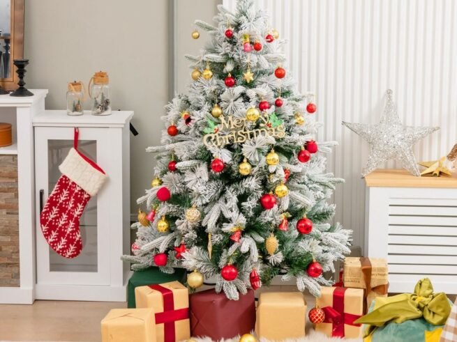 Artificial Christmas Tree with Pine Needles Flocked 136cm LED Lights