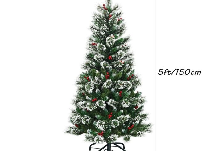 Artificial Christmas Tree with Snowflakes 150cm Red Berries Snow Flocked