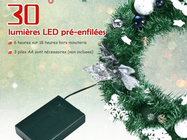 Artificial Christmas Wreath Pre-equipped with Lights Ø 50cm, with 30 LED Lights, 25 Decorations