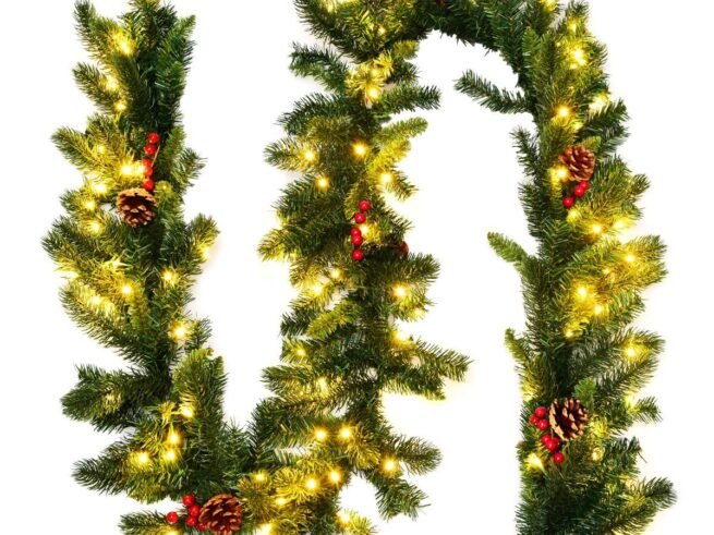 Christmas garland, with 100 LED lights 270cm Timer Red Berries