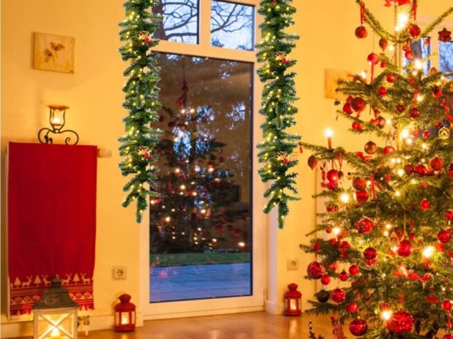 Christmas garland, with 100 LED lights 270cm Timer Red Berries