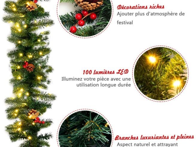 Christmas garland, with 100 LED lights 270cm Timer Red Berries