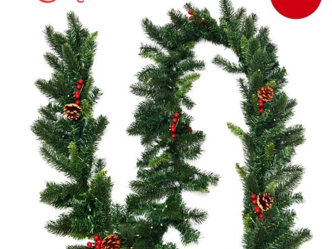 Christmas garland, with 100 LED lights 270cm Timer Red Berries