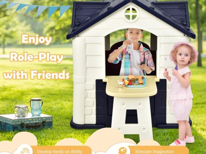 Cottage Playhouse Pretend Play Center with Picnic Table 164x124x132 cm