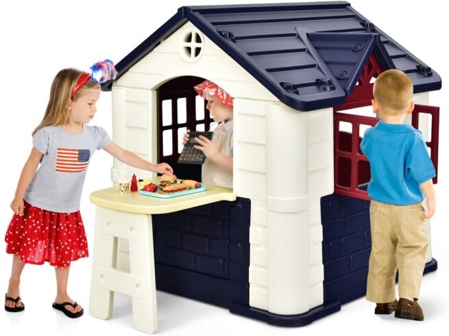 Cottage Playhouse Pretend Play Center with Picnic Table 164x124x132 cm