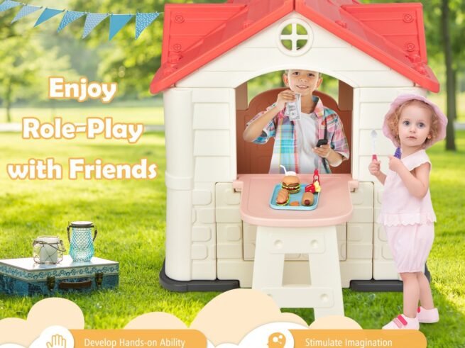 Cottage Playhouse Pretend Play Center with Picnic Table 164x124x132 cm