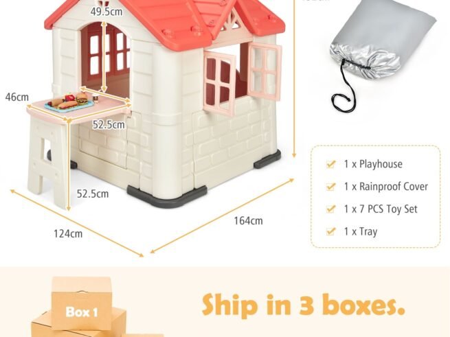 Cottage Playhouse Pretend Play Center with Picnic Table 164x124x132 cm