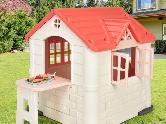 Cottage Playhouse Pretend Play Center with Picnic Table 164x124x132 cm