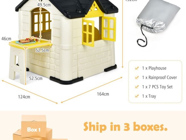 Cottage Playhouse Pretend Play Center with Picnic Table 164x124x132 cm