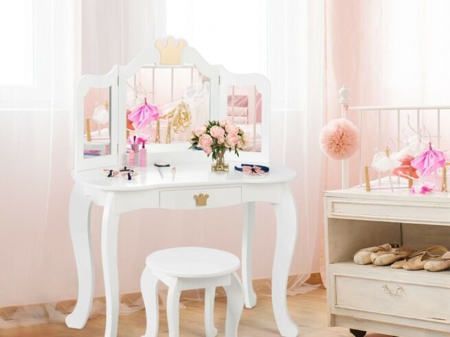 Kids Dressing Table Stool Set with Tri-Fold Mirror Removable Top White