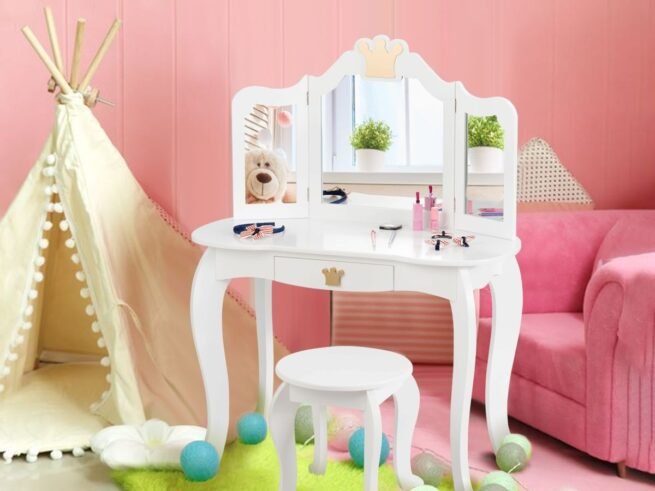 Kids Dressing Table Stool Set with Tri-Fold Mirror Removable Top White