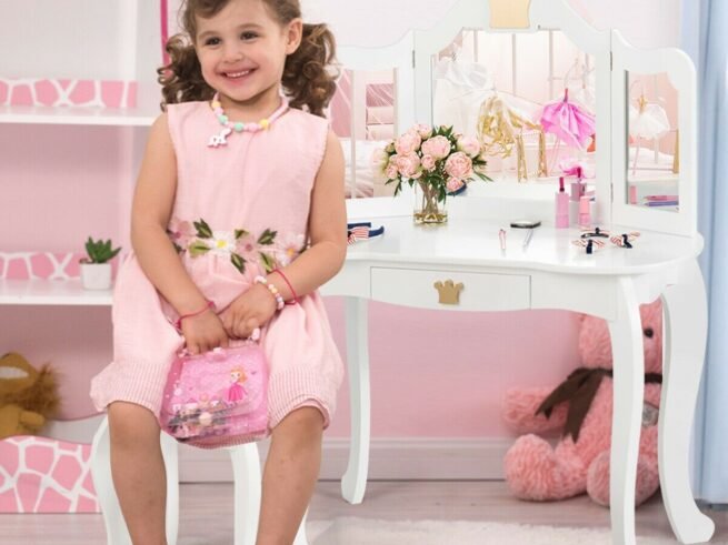 Kids Dressing Table Stool Set with Tri-Fold Mirror Removable Top White