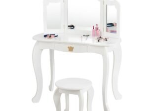 Kids Dressing Table Stool Set with Tri-Fold Mirror Removable Top White