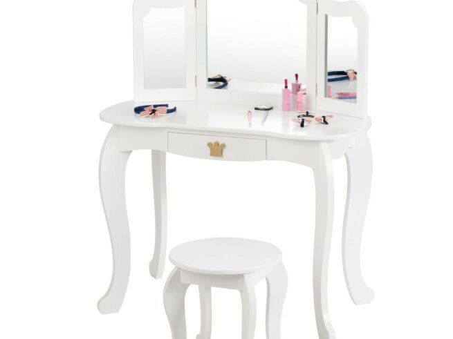 Kids Dressing Table Stool Set with Tri-Fold Mirror Removable Top White