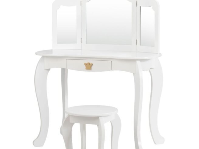 Kids Dressing Table Stool Set with Tri-Fold Mirror Removable Top White