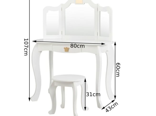Kids Dressing Table Stool Set with Tri-Fold Mirror Removable Top White