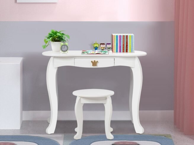 Kids Dressing Table Stool Set with Tri-Fold Mirror Removable Top White