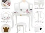 Kids Dressing Table Stool Set with Tri-Fold Mirror Removable Top White