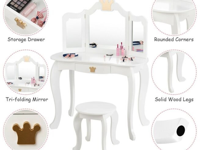 Kids Dressing Table Stool Set with Tri-Fold Mirror Removable Top White