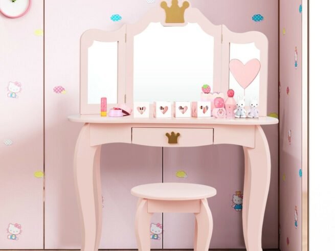 Kids Dressing Table Stool Set with Tri-Fold Mirror Removable Top Pink