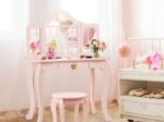 Kids Dressing Table Stool Set with Tri-Fold Mirror Removable Top Pink