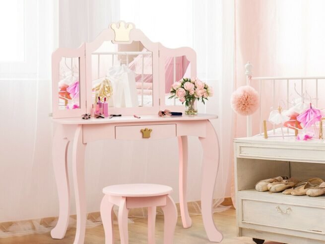 Kids Dressing Table Stool Set with Tri-Fold Mirror Removable Top Pink