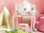Kids Dressing Table Stool Set with Tri-Fold Mirror Removable Top Pink