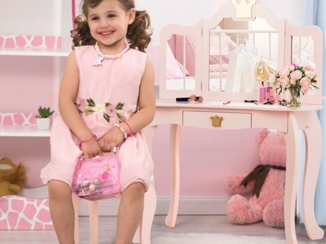 Kids Dressing Table Stool Set with Tri-Fold Mirror Removable Top Pink